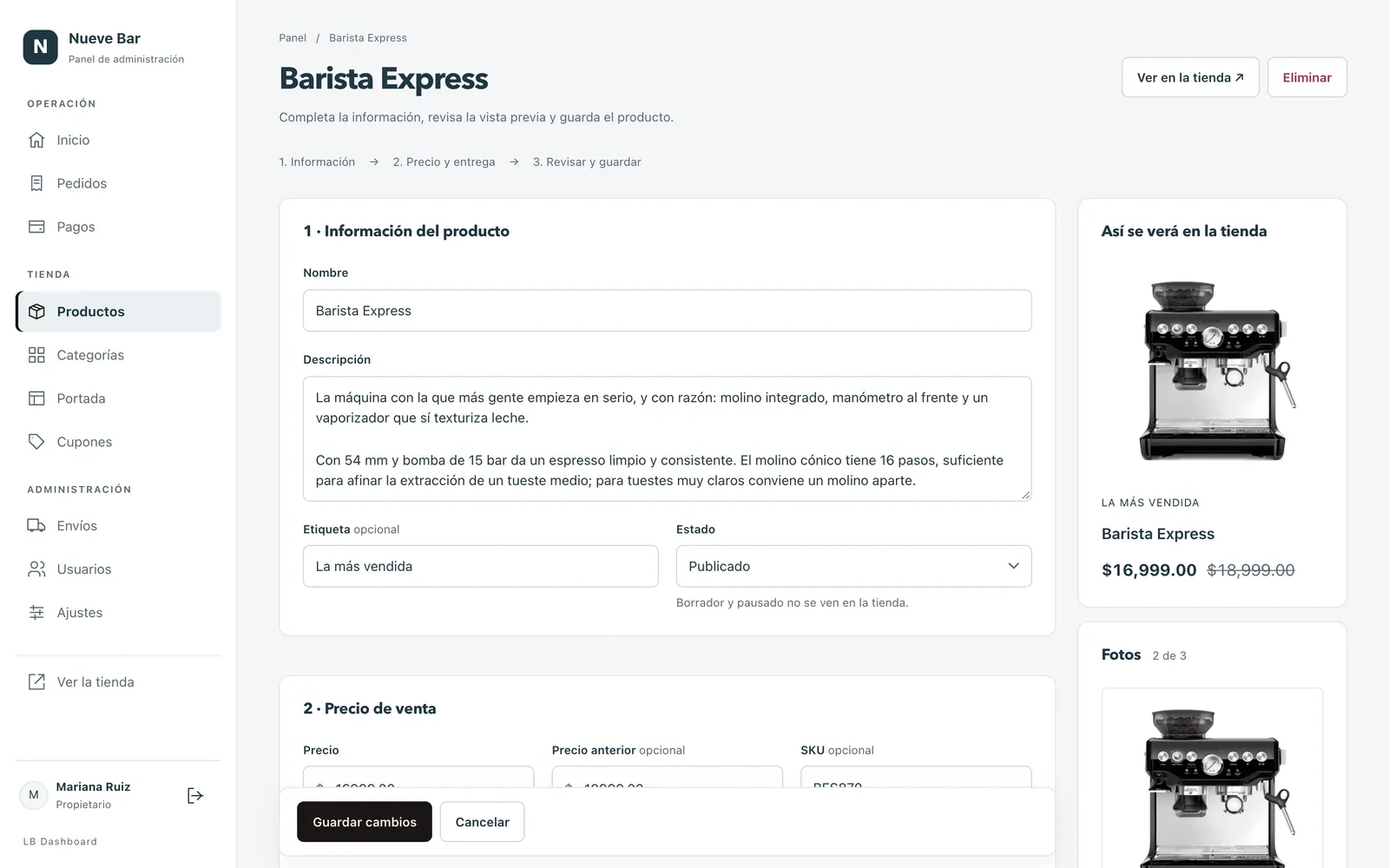 Panel: edición de un producto con su vista previa en la tienda